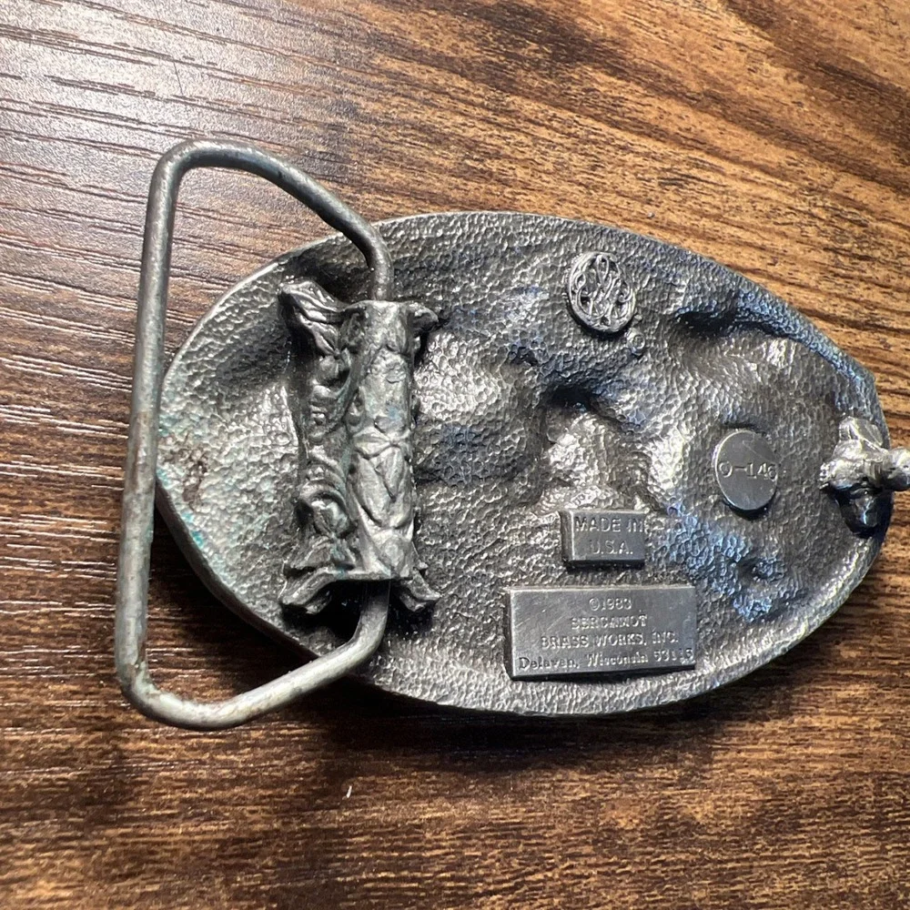 Vintage Bergamot Brassworks Belt Buckle Eagle W/Arrows Silver/Teal 0-146 USA1983